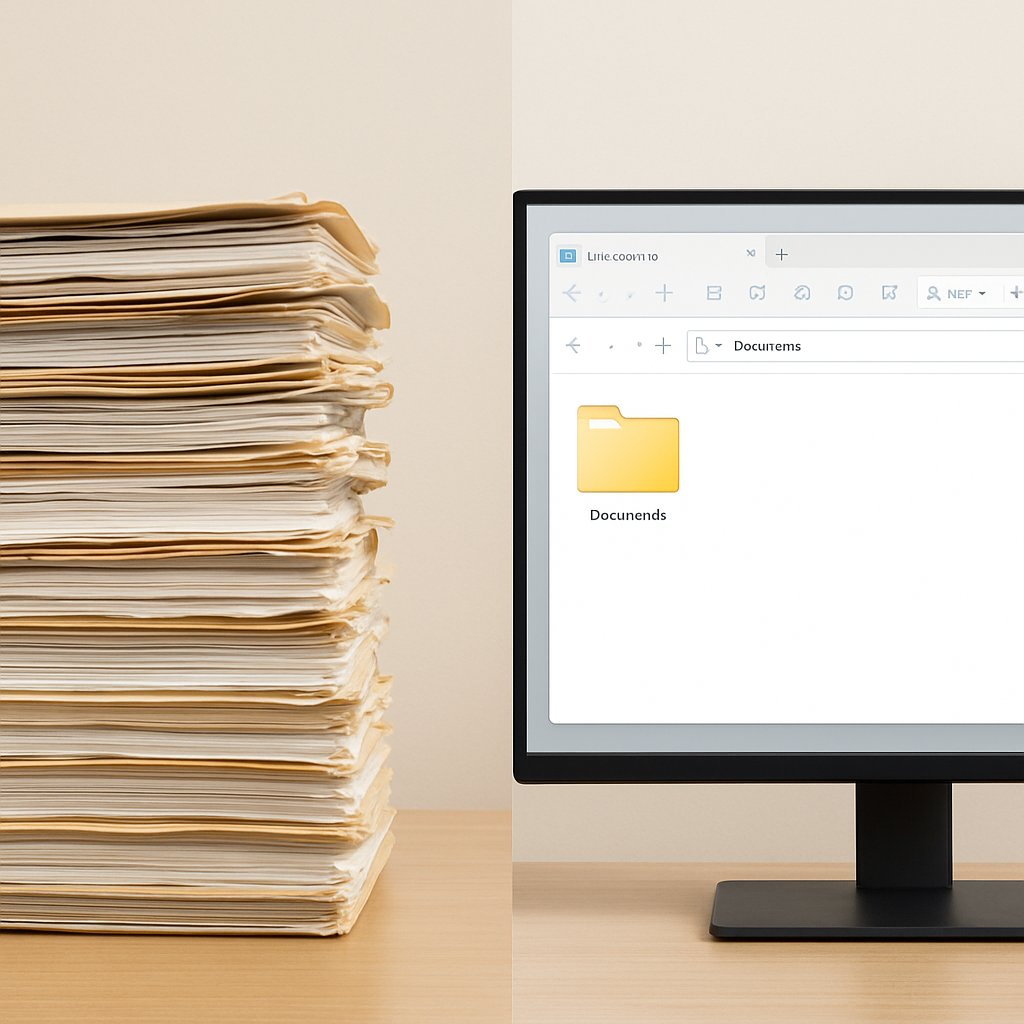 I want to see a plain background with a stack of paper files on the left and then a screen split two thirds into the page after the etxt showing a desktop screen or digital folder-1