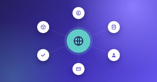 Illustration of connected finance systems linked to a central hub, representing global multi-currency AP transactions